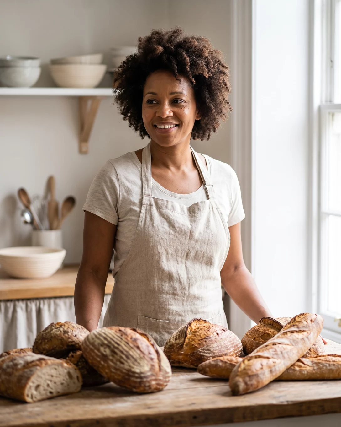 Scène illustrative : une boulangère souriante derrière son comptoir, le matin.